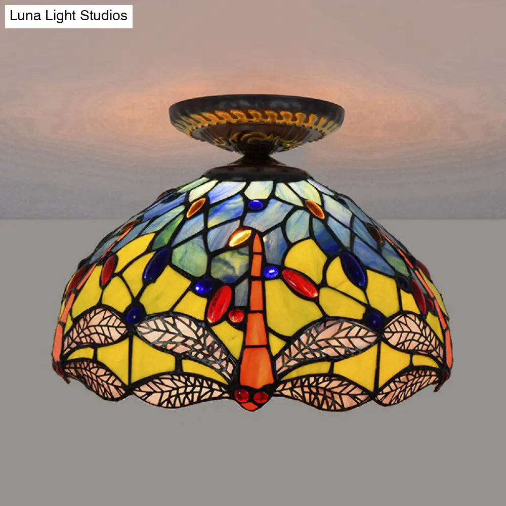 Tiffany Dragonfly Flush Mount Lamp - Stained Glass Close To Ceiling Lighting Fixture In Brass / B