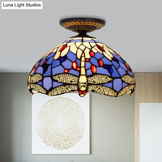 Tiffany Dragonfly Flush Mount Lamp - Stained Glass Close To Ceiling Lighting Fixture In Brass / A