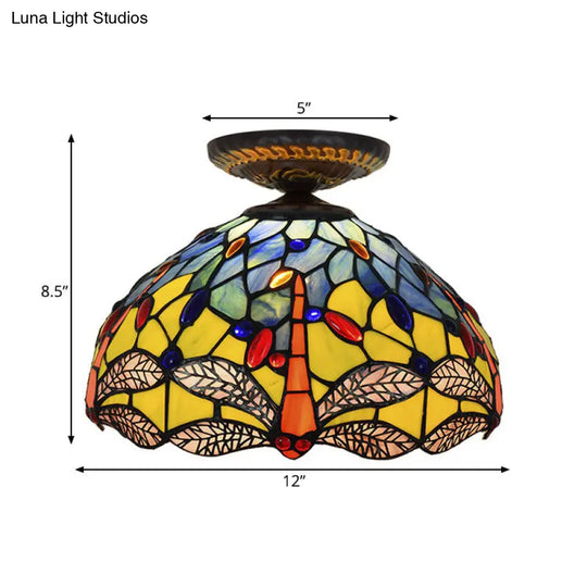 Tiffany Dragonfly Flush Mount Lamp - Stained Glass Close To Ceiling Lighting Fixture In Brass