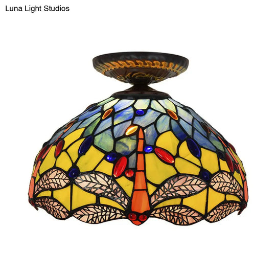 Tiffany Dragonfly Flush Mount Lamp - Stained Glass Close To Ceiling Lighting Fixture In Brass