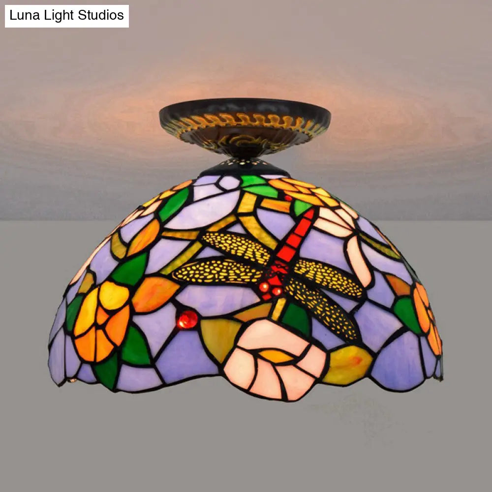 Tiffany Dragonfly Flush Mount Lamp - Stained Glass Close To Ceiling Lighting Fixture In Brass / C