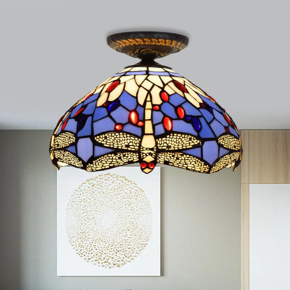 Tiffany Dragonfly Flush Mount Lamp - Stained Glass Close To Ceiling Lighting Fixture In Brass / A