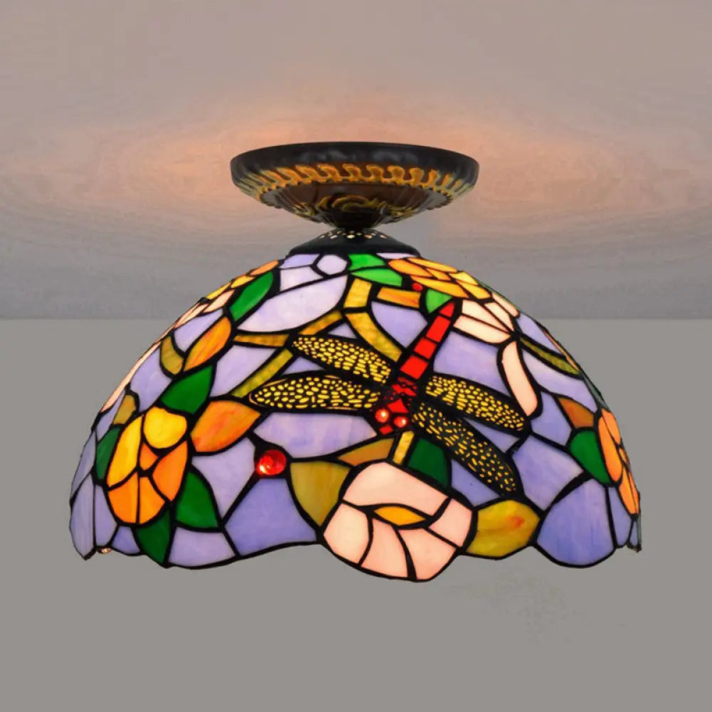 Tiffany Dragonfly Flush Mount Lamp - Stained Glass Close To Ceiling Lighting Fixture In Brass / C