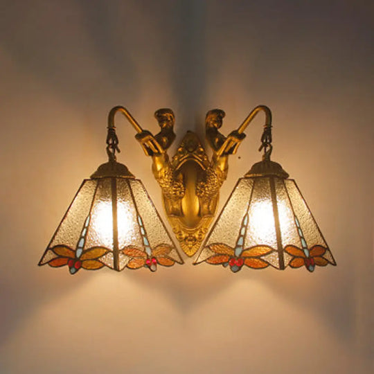 Tiffany Dragonfly Pattern Wall Mounted Sconce Light With White/Clear Glass - 2 Heads Clear