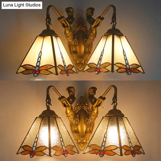 Tiffany Dragonfly Pattern Wall Mounted Sconce Light With White/Clear Glass - 2 Heads