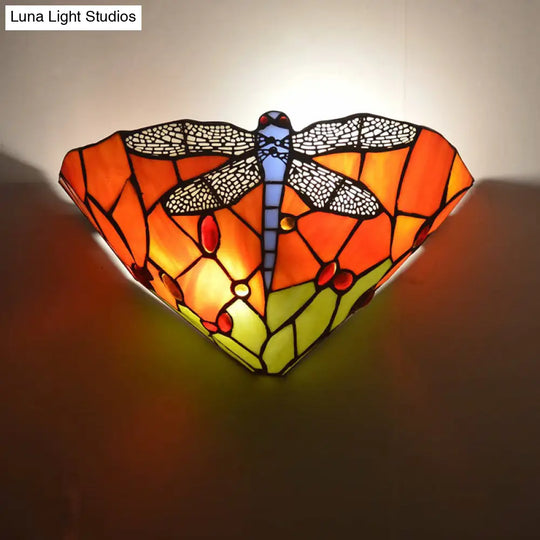 Tiffany Dragonfly Patterned Glass Wall Sconce With Cone Cut Mount