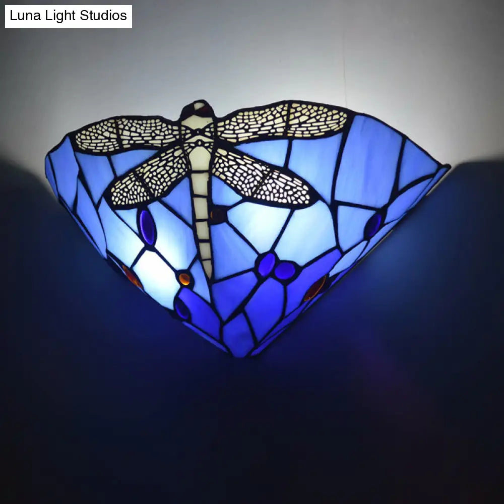 Tiffany Dragonfly Patterned Glass Wall Sconce With Cone Cut Mount