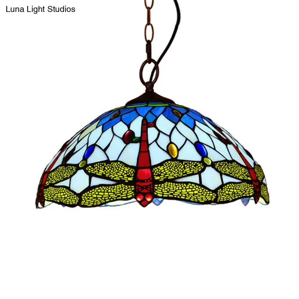 Tiffany Dragonfly Pendant Light 1-Light Stained Glass Ceiling Fixture In Red/Yellow/Blue For Kitchen