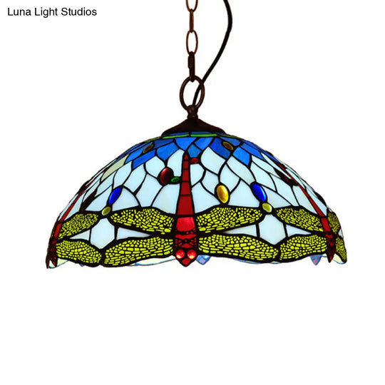 Tiffany Dragonfly Pendant Light 1-Light Stained Glass Ceiling Fixture In Red/Yellow/Blue For Kitchen