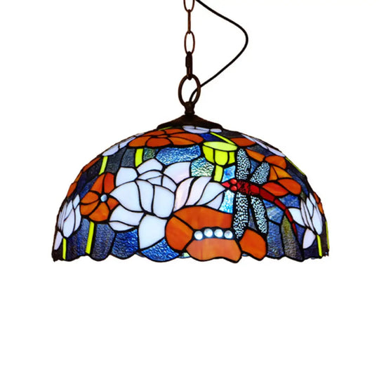 Tiffany Dragonfly Pendant Ceiling Light - 1-Light Stained Glass Fixture In Red/Yellow/Blue For