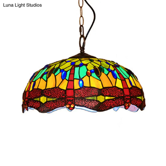 Tiffany Dragonfly Pendant Light 1-Light Stained Glass Ceiling Fixture In Red/Yellow/Blue For Kitchen