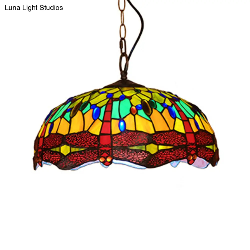 Tiffany Dragonfly Pendant Ceiling Light - 1-Light Stained Glass Fixture In Red/Yellow/Blue For