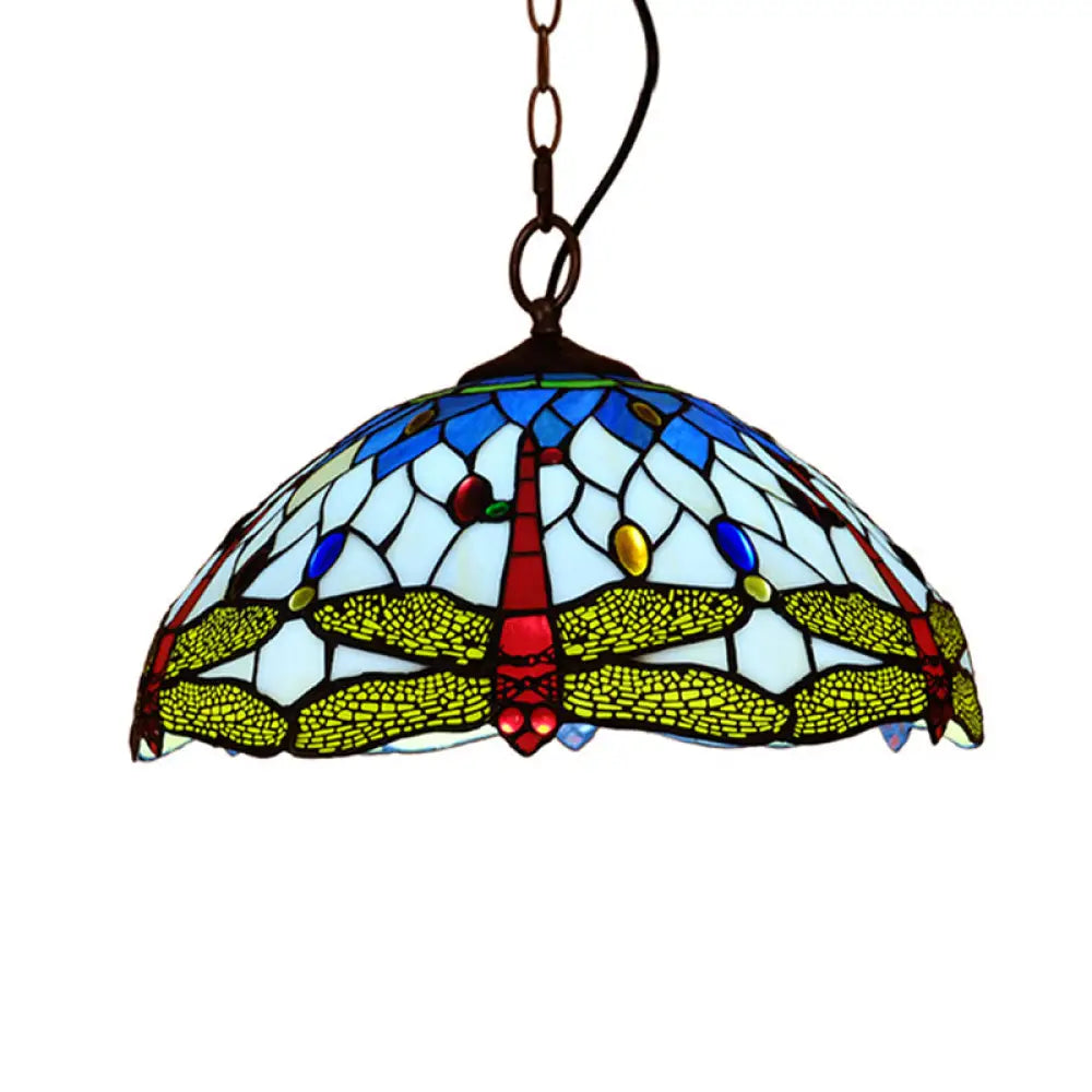 Tiffany Dragonfly Pendant Ceiling Light - 1-Light Stained Glass Fixture In Red/Yellow/Blue For