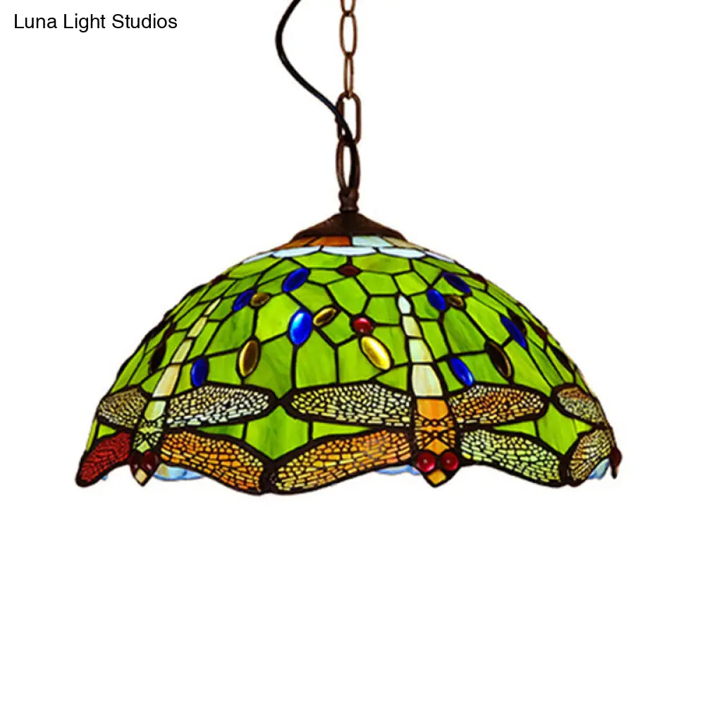 Tiffany Dragonfly Pendant Light 1-Light Stained Glass Ceiling Fixture In Red/Yellow/Blue For Kitchen