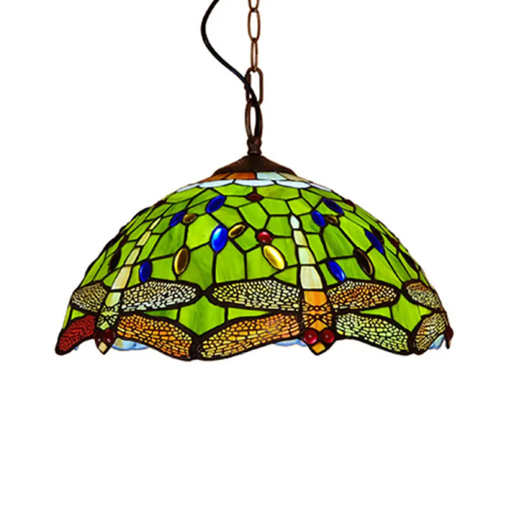 Tiffany Dragonfly Pendant Ceiling Light - 1-Light Stained Glass Fixture In Red/Yellow/Blue For