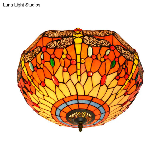 Tiffany Dragonfly Stained Glass Ceiling Lamp - Flush Mount Fixture In Red/Yellow/Orange Perfect For