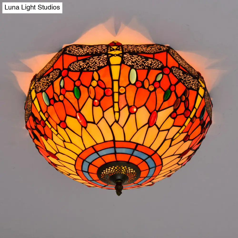 Tiffany Dragonfly Stained Glass Ceiling Lamp - Flush Mount Fixture In Red/Yellow/Orange Perfect For