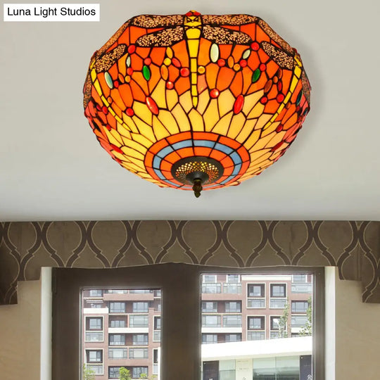 Tiffany Dragonfly Stained Glass Ceiling Lamp - Flush Mount Fixture In Red/Yellow/Orange Perfect For