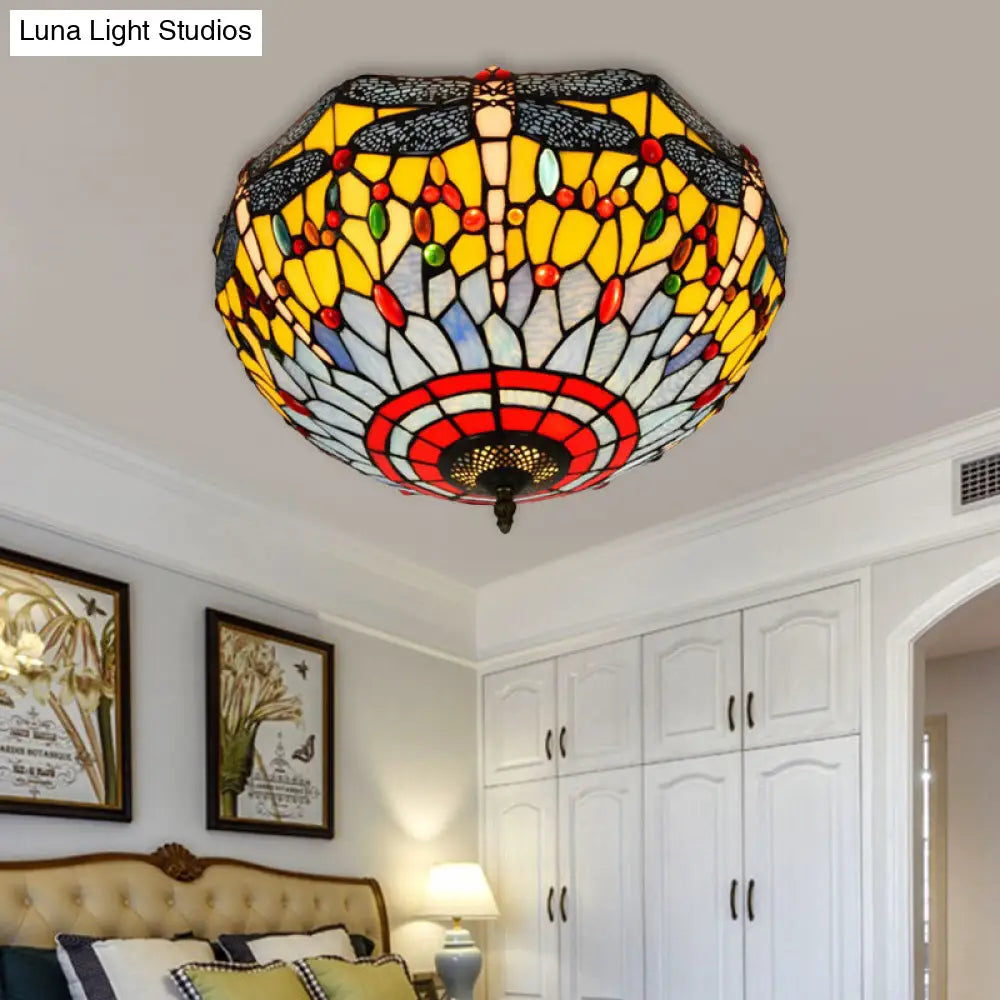 Tiffany Dragonfly Stained Glass Ceiling Lamp - Flush Mount Fixture In Red/Yellow/Orange Perfect For