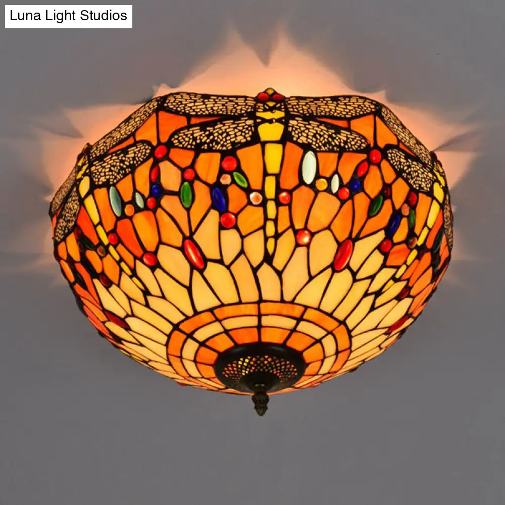 Tiffany Dragonfly Stained Glass Ceiling Lamp - Flush Mount Fixture In Red/Yellow/Orange Perfect For