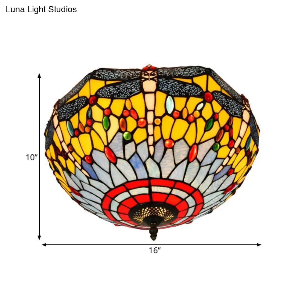 Tiffany Dragonfly Stained Glass Ceiling Lamp - Flush Mount Fixture In Red/Yellow/Orange Perfect For