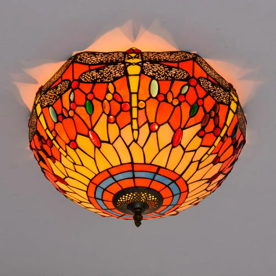 Tiffany Dragonfly Stained Glass Ceiling Lamp - Flush Mount Fixture In Red/Yellow/Orange Perfect For