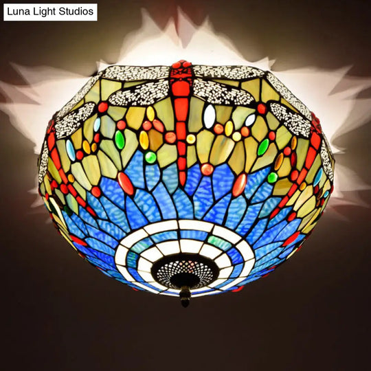 Tiffany Dragonfly Stained Glass Ceiling Lamp - Flush Mount Fixture In Red/Yellow/Orange Perfect For