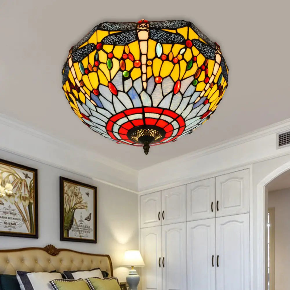 Tiffany Dragonfly Stained Glass Ceiling Lamp - Flush Mount Fixture In Red/Yellow/Orange Perfect For