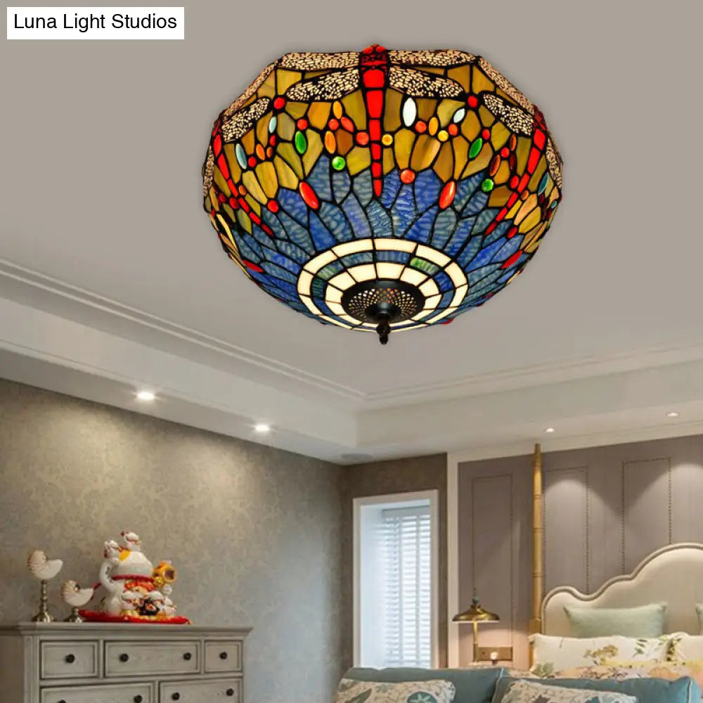 Tiffany Dragonfly Stained Glass Ceiling Lamp - Flush Mount Fixture In Red/Yellow/Orange Perfect For