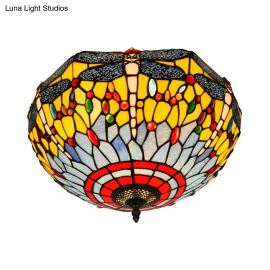 Tiffany Dragonfly Stained Glass Ceiling Lamp - Flush Mount Fixture In Red/Yellow/Orange Perfect For