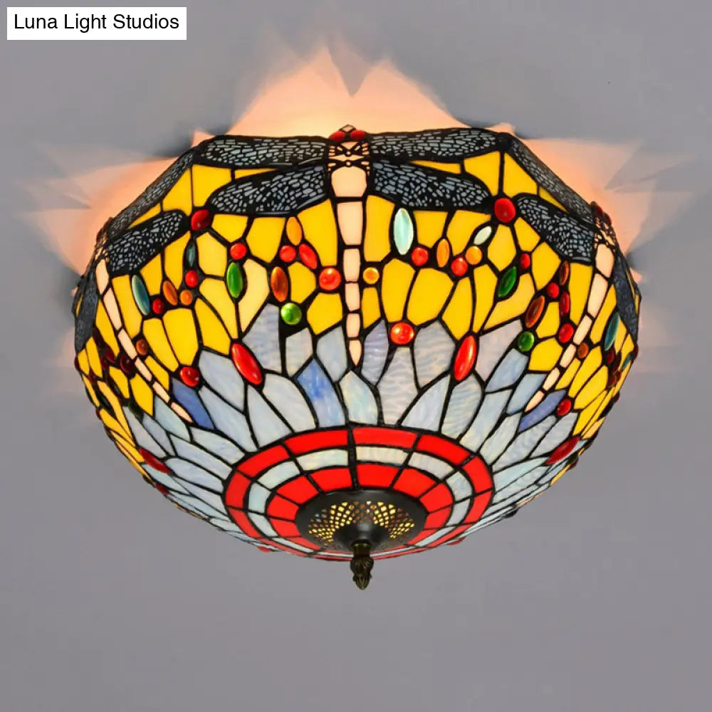 Tiffany Dragonfly Stained Glass Ceiling Lamp - Flush Mount Fixture In Red/Yellow/Orange Perfect For