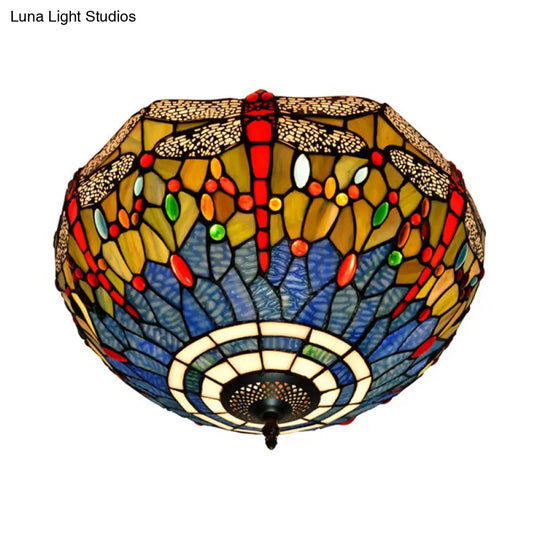 Tiffany Dragonfly Stained Glass Ceiling Lamp - Flush Mount Fixture In Red/Yellow/Orange Perfect For