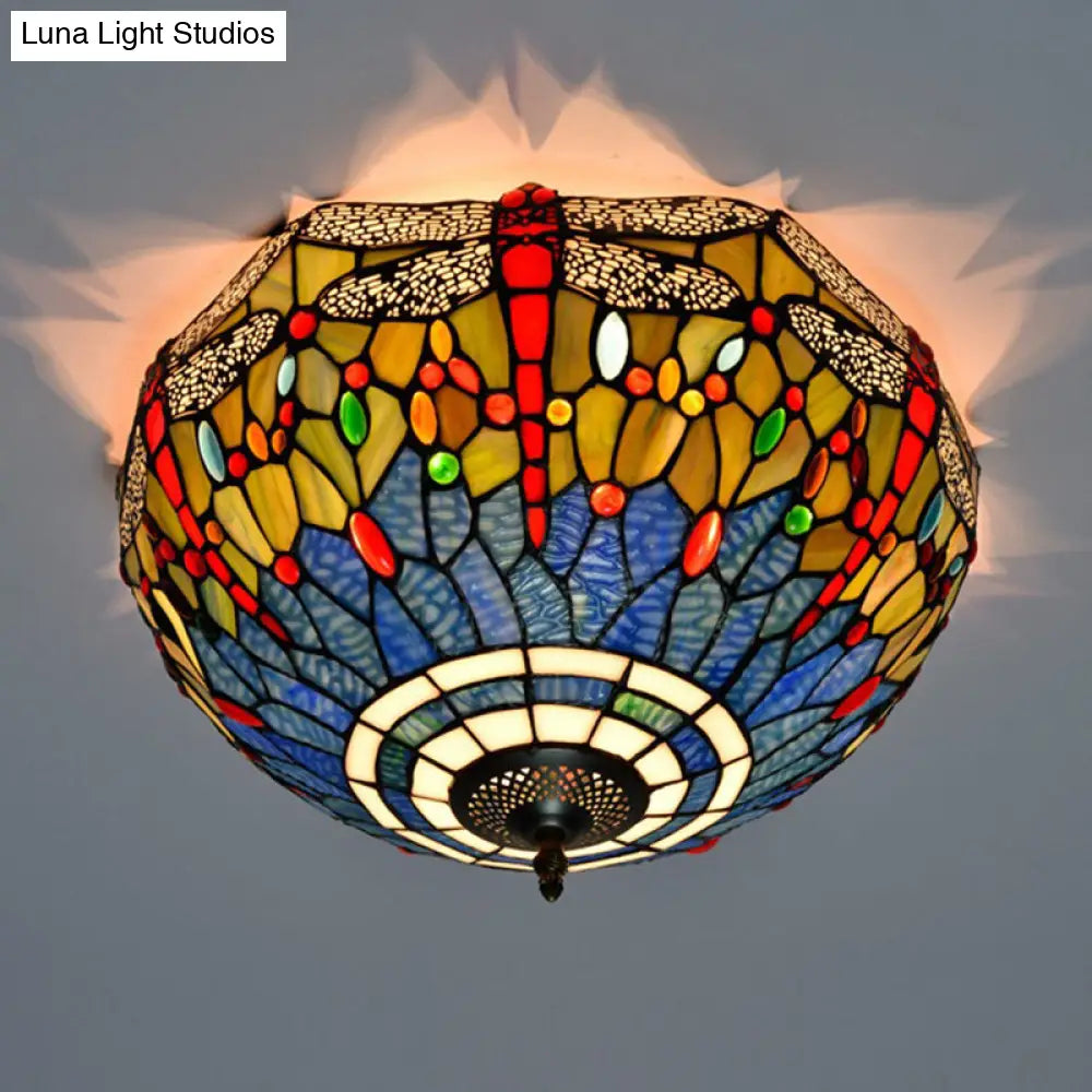 Tiffany Dragonfly Stained Glass Ceiling Lamp - Flush Mount Fixture In Red/Yellow/Orange Perfect For