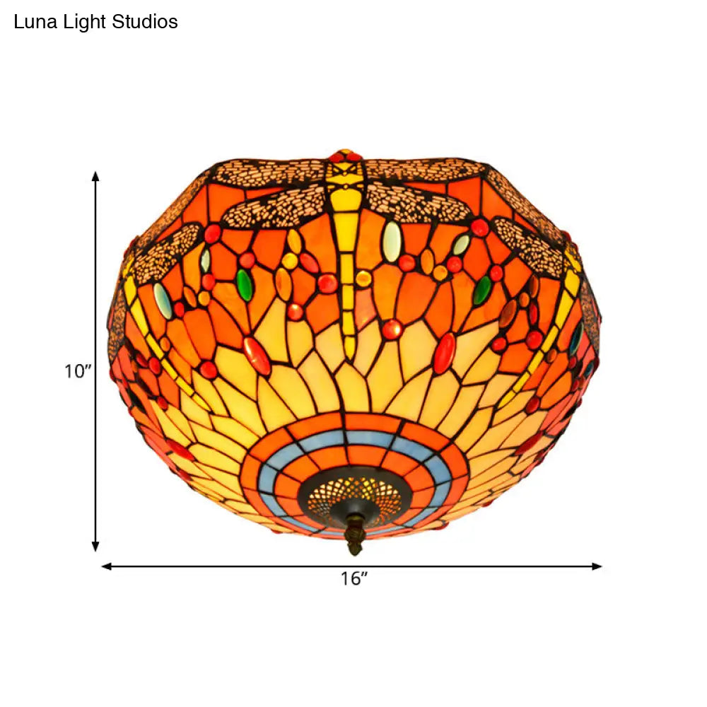 Tiffany Dragonfly Stained Glass Ceiling Lamp - Flush Mount Fixture In Red/Yellow/Orange Perfect For