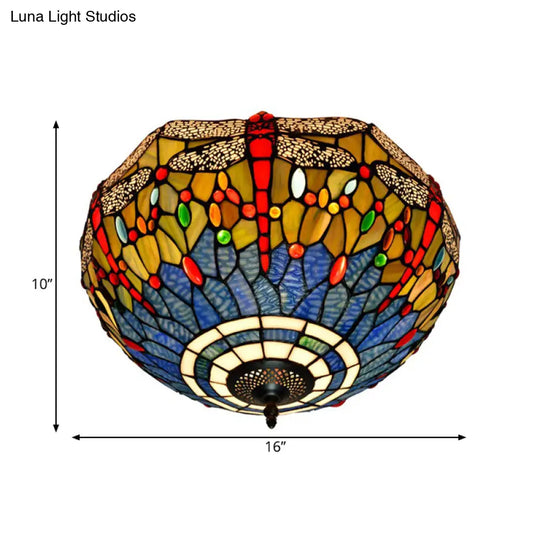 Tiffany Dragonfly Stained Glass Ceiling Lamp - Flush Mount Fixture In Red/Yellow/Orange Perfect For