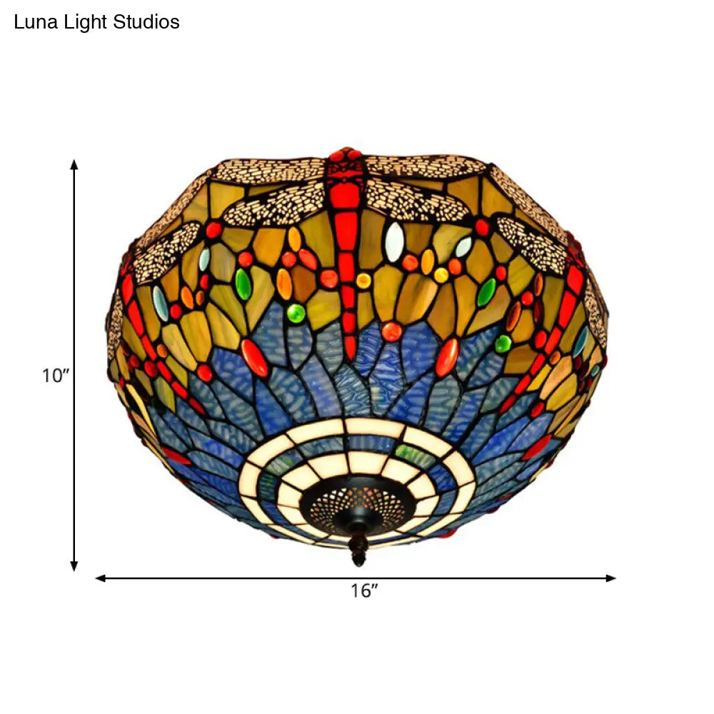 Tiffany Dragonfly Stained Glass Ceiling Lamp - Flush Mount Fixture In Red/Yellow/Orange Perfect For