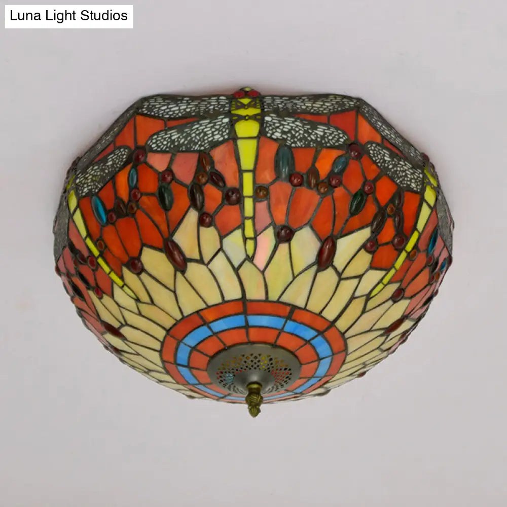 Tiffany Dragonfly Stained Glass Ceiling Lamp - Flush Mount Fixture In Red/Yellow/Orange Perfect For