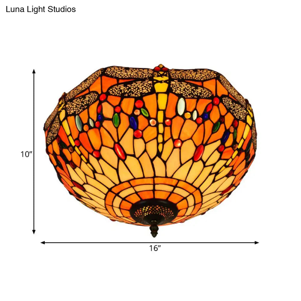 Tiffany Dragonfly Stained Glass Ceiling Lamp - Flush Mount Fixture In Red/Yellow/Orange Perfect For