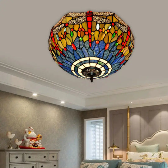 Tiffany Dragonfly Stained Glass Ceiling Lamp - Flush Mount Fixture In Red/Yellow/Orange Perfect For