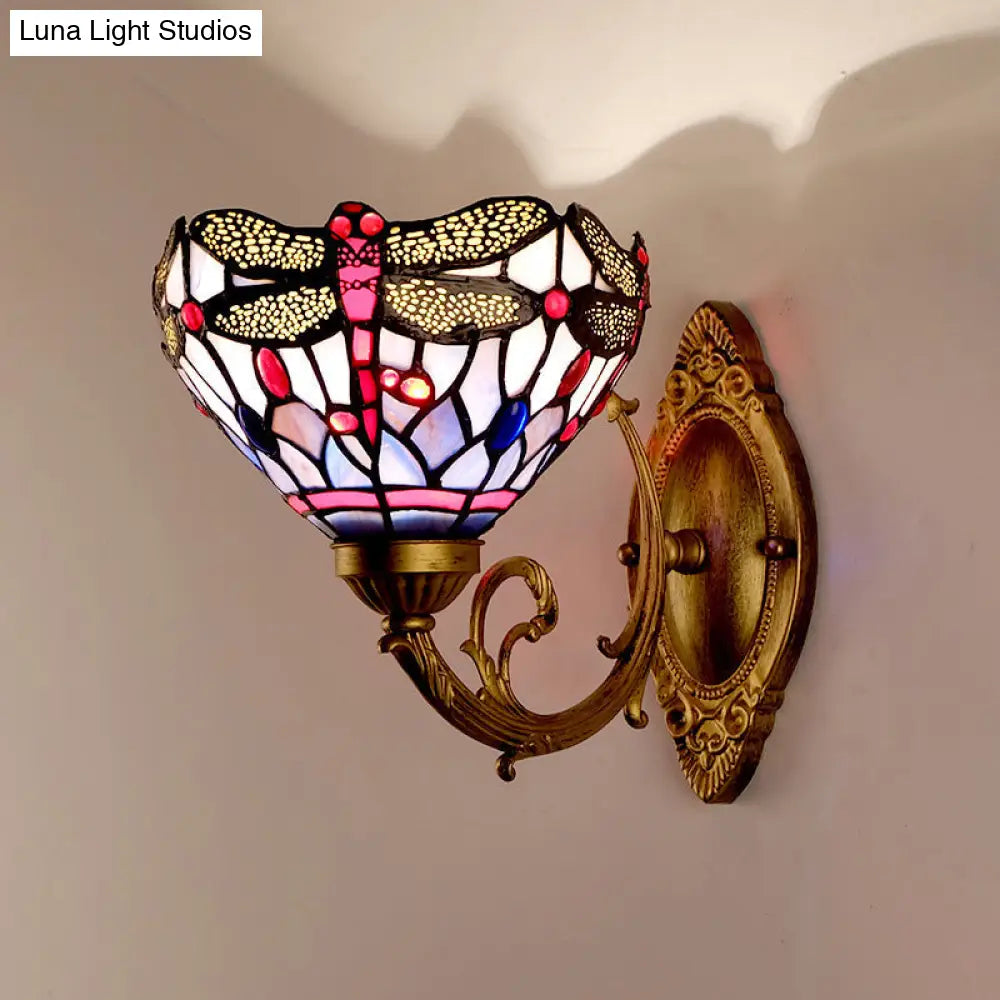 Tiffany Dragonfly Wall Mount Lamp - Brass 1-Light Sconce With Hand-Cut Glass & Curving Arm