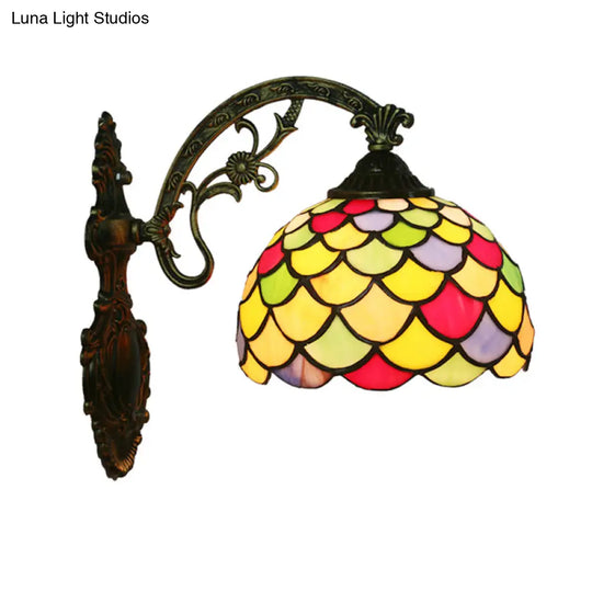 Tiffany Fishscale Art Glass Wall Lamp With Brass Sconce And Curved Arm