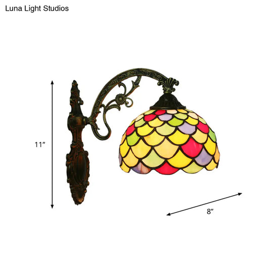 Tiffany Fishscale Art Glass Wall Lamp With Brass Sconce And Curved Arm