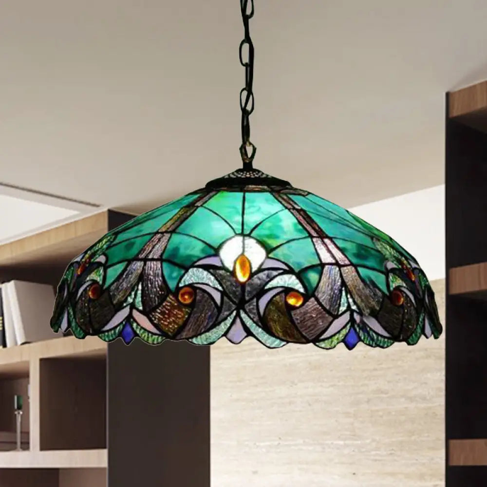 Tiffany Flared Ceiling Lamp - 4-Head Stained Art Glass Hanging Light Kit In Yellow/Blue For