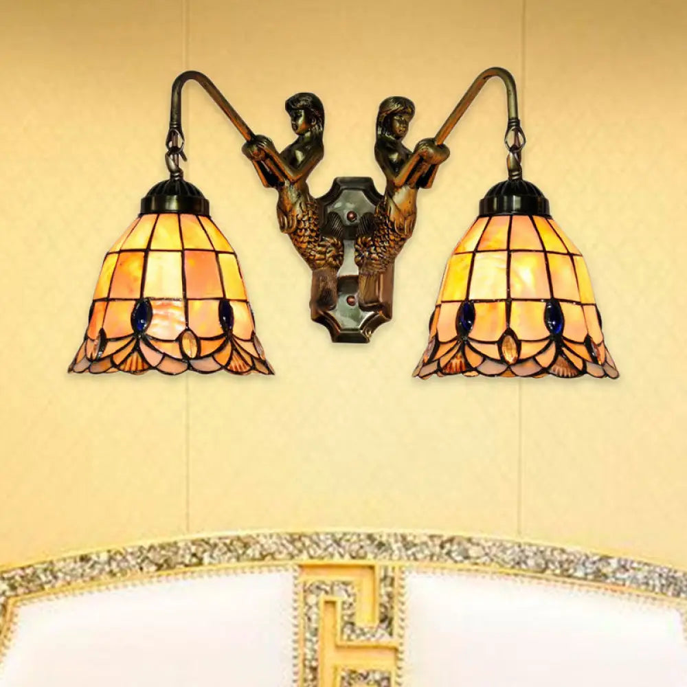 Tiffany Flared Shell Sconce Light With Mermaid Design - 2 Heads Beige Wall Mounted For Bedroom