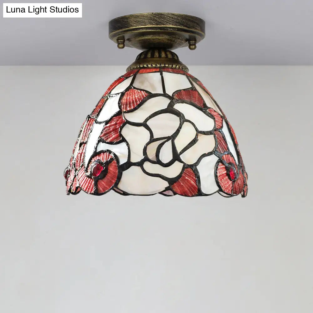 Tiffany Floral Bell Ceiling Light Fixture In Beige/Red - White/Pink For Living Room