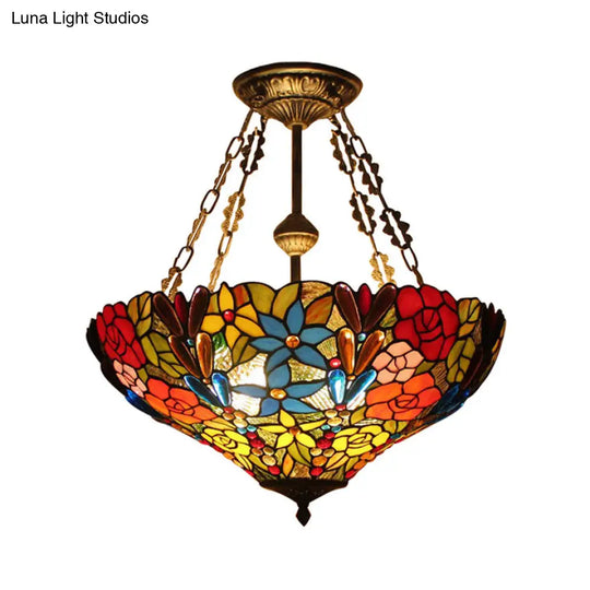 Tiffany Floral Ceiling Light With Stained Glass In Rustic Style For Cafe Antique Brass