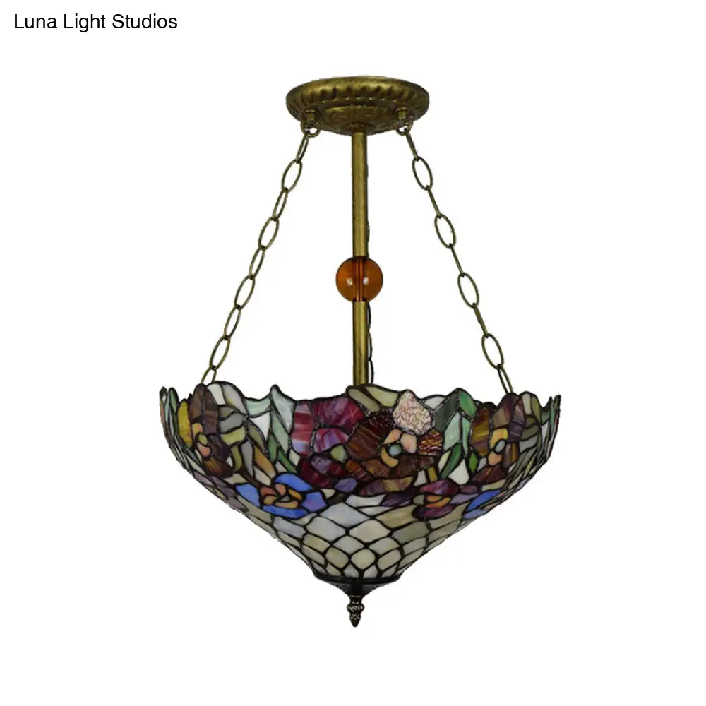 Tiffany Floral Ceiling Light With Stained Glass In Rustic Style For Cafe