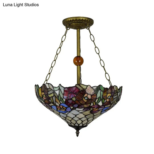 Tiffany Floral Ceiling Light With Stained Glass In Rustic Style For Cafe