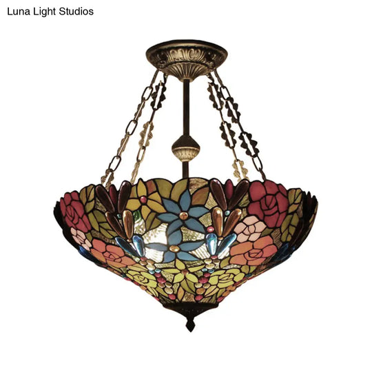 Tiffany Floral Ceiling Light With Stained Glass In Rustic Style For Cafe