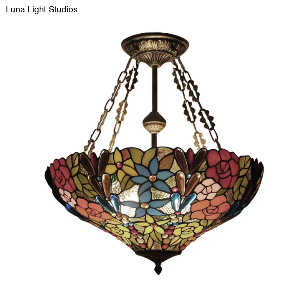 Tiffany Floral Ceiling Light With Stained Glass In Rustic Style For Cafe